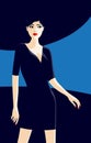 Young standing model woman with red lipstick and blue background vector illustration poster