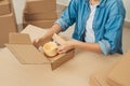 Young startup entrepreneur small business owner working at home, packaging and delivery situation Royalty Free Stock Photo