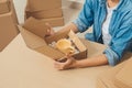 Young startup entrepreneur small business owner working at home, packaging and delivery situation Royalty Free Stock Photo