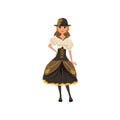Young steampunk girl. Woman in blouse, corset, skirt with bustle and bowler hat with gears. Fashion dress of Victorian