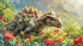 A young stegosaurus eagerly exploring a patch of brightlycolored flowers with its siblings