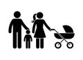 Young stick figure family standing front view vector icon illustration set. Father, son, mother with stroller stickman silhouette Royalty Free Stock Photo