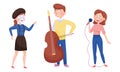 Young Street Performers with Boy Playing Cello and Girl Miming Vector Set
