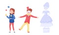 Young Street Performers with Girl Juggling with Balls and Boy in Clown Costume Vector Illustrations Set