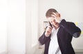 Young stressed businessman call mobile phone in modern office Royalty Free Stock Photo