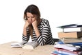 Young stressed student girl studying and preparing MBA test exam in stress tired and overwhelmed Royalty Free Stock Photo