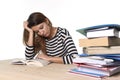 Young stressed student girl studying and preparing MBA test exam in stress tired and overwhelmed