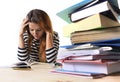 Young stressed student girl studying and preparing MBA test exam in stress tired and overwhelmed Royalty Free Stock Photo