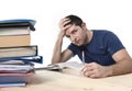 Young stressed student studying on library for exam in stress fe