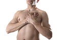 Young strong body sport man with hands on his torso covering his heart in chest pain Royalty Free Stock Photo