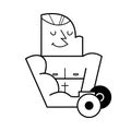 Young strong bodybuilder shakes a bicep with a heavy dumbbell. vector cartoon illustration