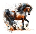 A young, strong brown stallion. Horse. The mane and tail develop beautifully. Watercolor paint. Banner. Close-up