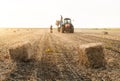 Young and strong farmer throw hay bales in a tractor trailer - b