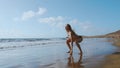 Young strong woman in sportswear doing plyometric exercises on pier. Jump squats, fitness workout outdoors. SLOW MOTION