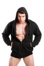 Young stud wearing black hoodie and underwear Royalty Free Stock Photo