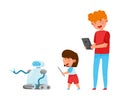 Young Student Boy Standing with Kid and Controlling Robot with Tablet Vector Illustration