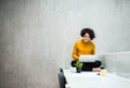 Young student or businesswoman sitting on desk in room in a library or office, using laptop. Royalty Free Stock Photo