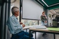 Young student presenting in classroom with elderly professor watching Royalty Free Stock Photo