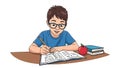Cartoon Student Solving Math Problems at Desk with Apple and Books Royalty Free Stock Photo