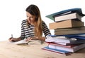 Young student girl concentrated studying for exam at college library education concept