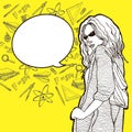 Young student girl with glasses and with doodle school accessories and supplies elements around big speech bubble on yellow