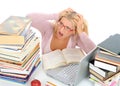 Young student girl with lots of books in panic. Royalty Free Stock Photo