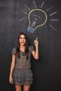 The young girl has a bright idea and raises her finger up pointing to a lightbulb on the board. Royalty Free Stock Photo