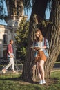 Student girl reading homework Royalty Free Stock Photo