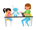 Young Student Girl Sitting with Kid at Table and Controlling Robot with Tablet Vector Illustration