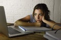 Young student girl studying tired at home laptop computer preparing exam exhausted and frustrated feeling stress Royalty Free Stock Photo