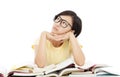 Young student girl thinking with book on the desk Royalty Free Stock Photo