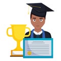 Young student graduated black with diploma and trophy