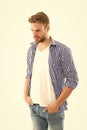 young student isolated on white backdrop. mens casual urban fashion look. male grooming and trend. barbershop concept