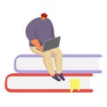 Young student male character laptop sitting book stack, concept person knowledge acquisition cartoon vector illustration