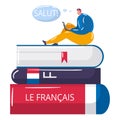 Young student online learning french language, tiny male character sitting book stack cartoon vector illustration Royalty Free Stock Photo