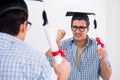 The young student planning graduation speech in front of mirror