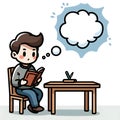 Young student reading a book at a desk and having new ideas, generating a thought bubble Royalty Free Stock Photo
