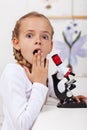 Young student surprised of what she saw on the microscope Royalty Free Stock Photo