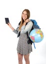 Young student tourist woman holding passport carrying backpack and world globe Royalty Free Stock Photo