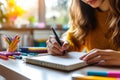 Young student writing in notebook at modern desk with focused motivated expression perfect for back to school study habits and Royalty Free Stock Photo