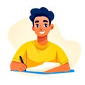 Young student writing notes and smiling at desk Royalty Free Stock Photo