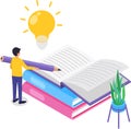 Young student writing in an open book with a large pencil, generating a bright idea illuminated by a light bulb Royalty Free Stock Photo