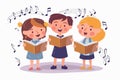 Young students with books harmonize in school chorus. Small children holding textbooks perform onstage. Music, recital. Vector