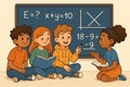 Young students collaborating on math problems at digital chalkboard in classroom setting. concept of education, interactive Royalty Free Stock Photo