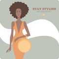 Young stylish African American beautiful woman wearing luxury dress and holding designer bag. Fashion model vector