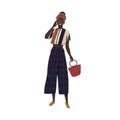 Young stylish african american woman in fashionable summer outfit. Female character demonstrating fashion clothes