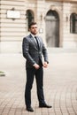 Young stylish businessman adjusting his suit, neck tie Royalty Free Stock Photo