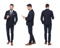 Young stylish businessman using tablet front, side, rear view is