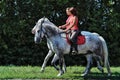 Young stylish couple riding on horses at summer forest Royalty Free Stock Photo