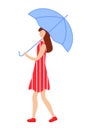 Young stylish girl in a red dress and sneakers under a blue umbrella. Vector illustration. Royalty Free Stock Photo